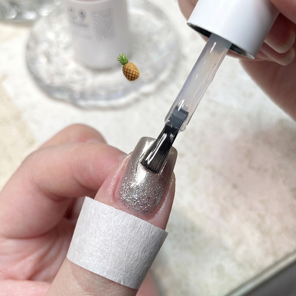 Ein Nagelpinsel trägt gleichmäßig einen glänzenden klaren Top Coat über einen fertigen dekorativen Nagel auf.