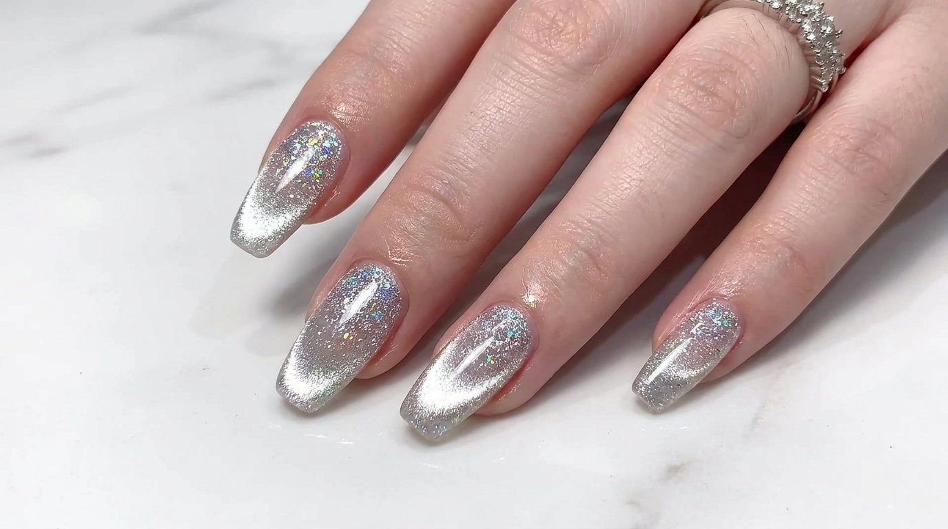 Silbernes Cat-Eye-Gel mit Pailletten-Verlauf — Schritt-für-Schritt Nageldesign