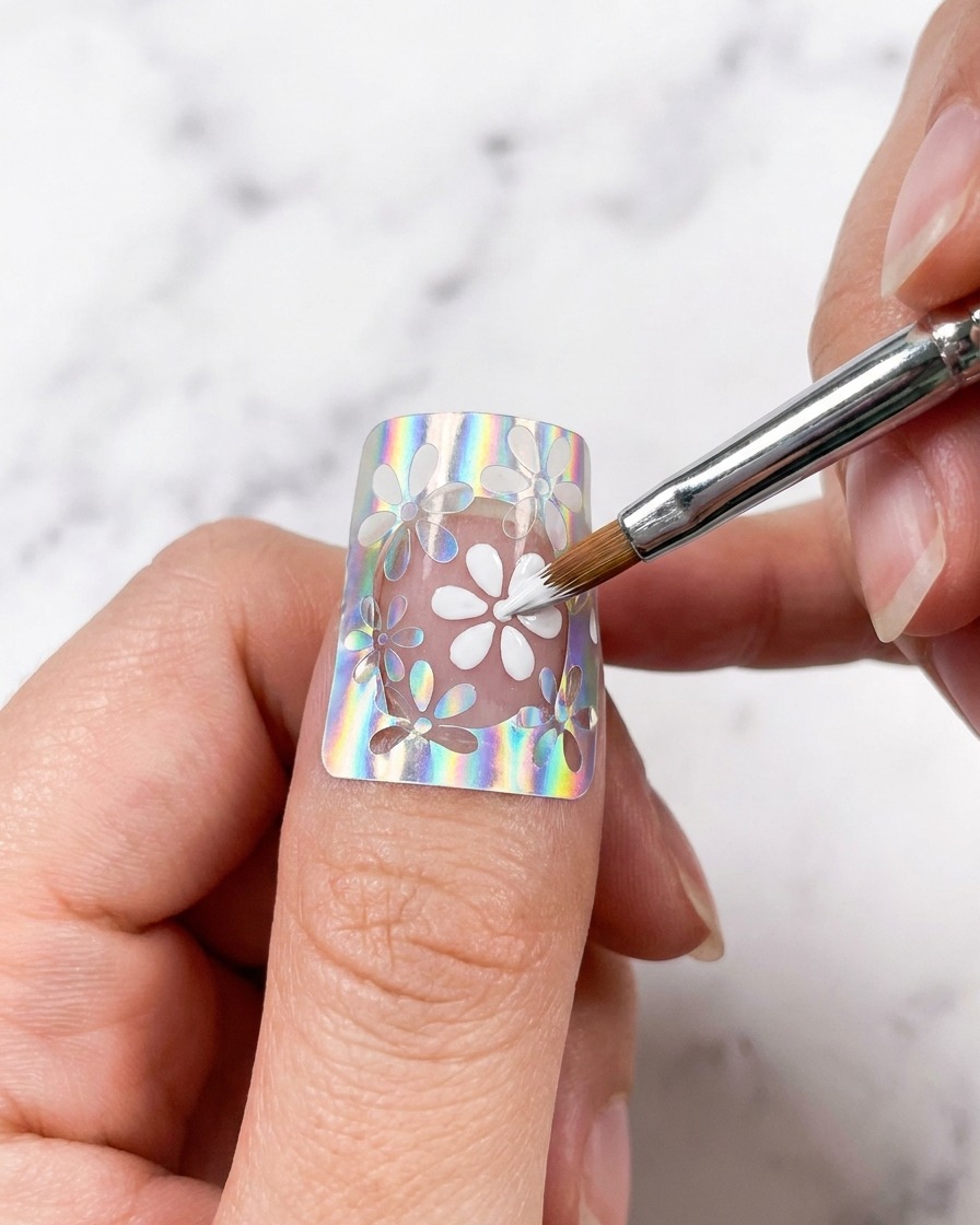 Eine Hand positioniert sich unter einer UV-Lampe und härtet das neu aufgetragene weiße Blumengel aus.
