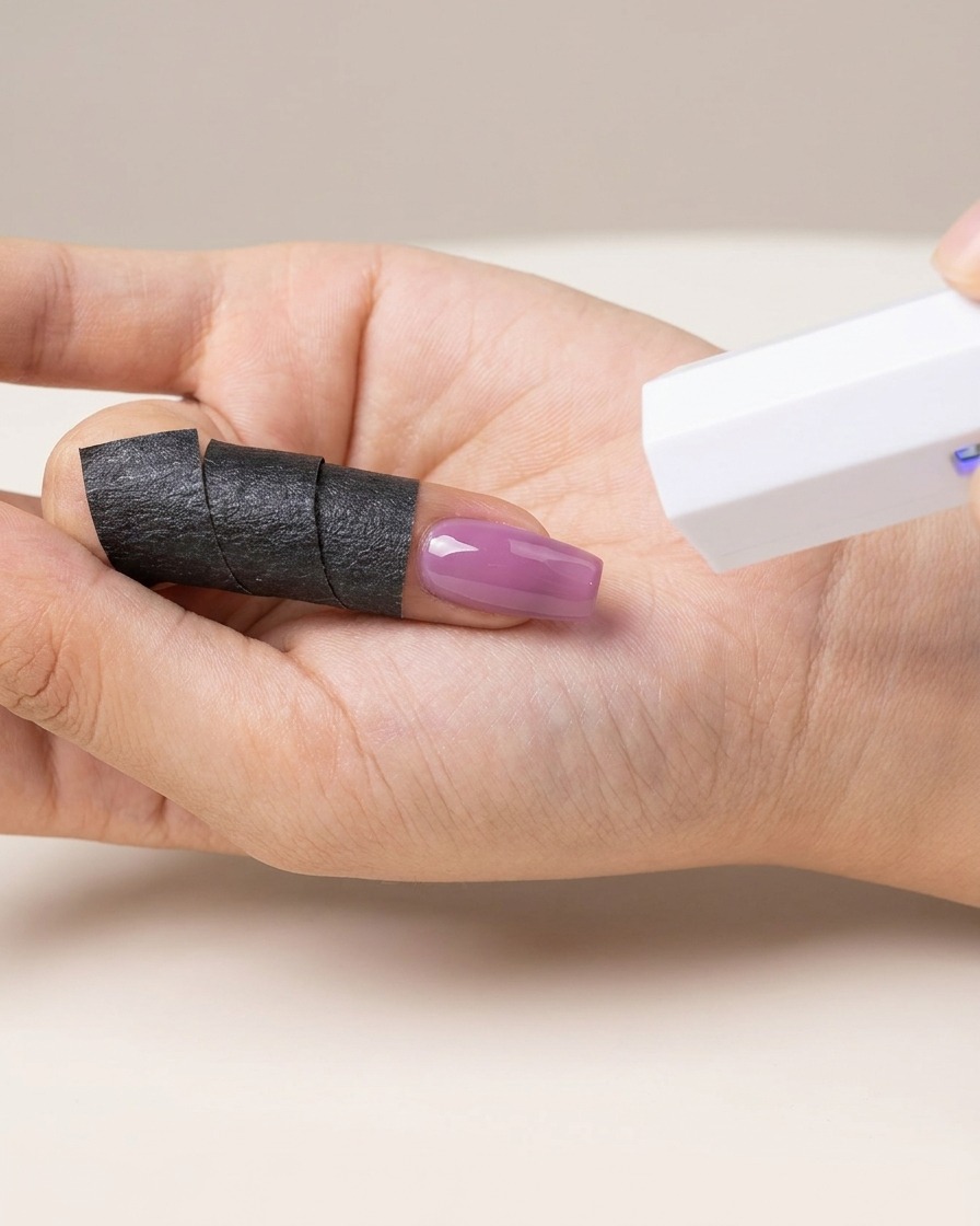 Eine Hand hält eine mini weiße UV/LED-Härtungslampe über einen lila gel-lackierten Fingernagel.