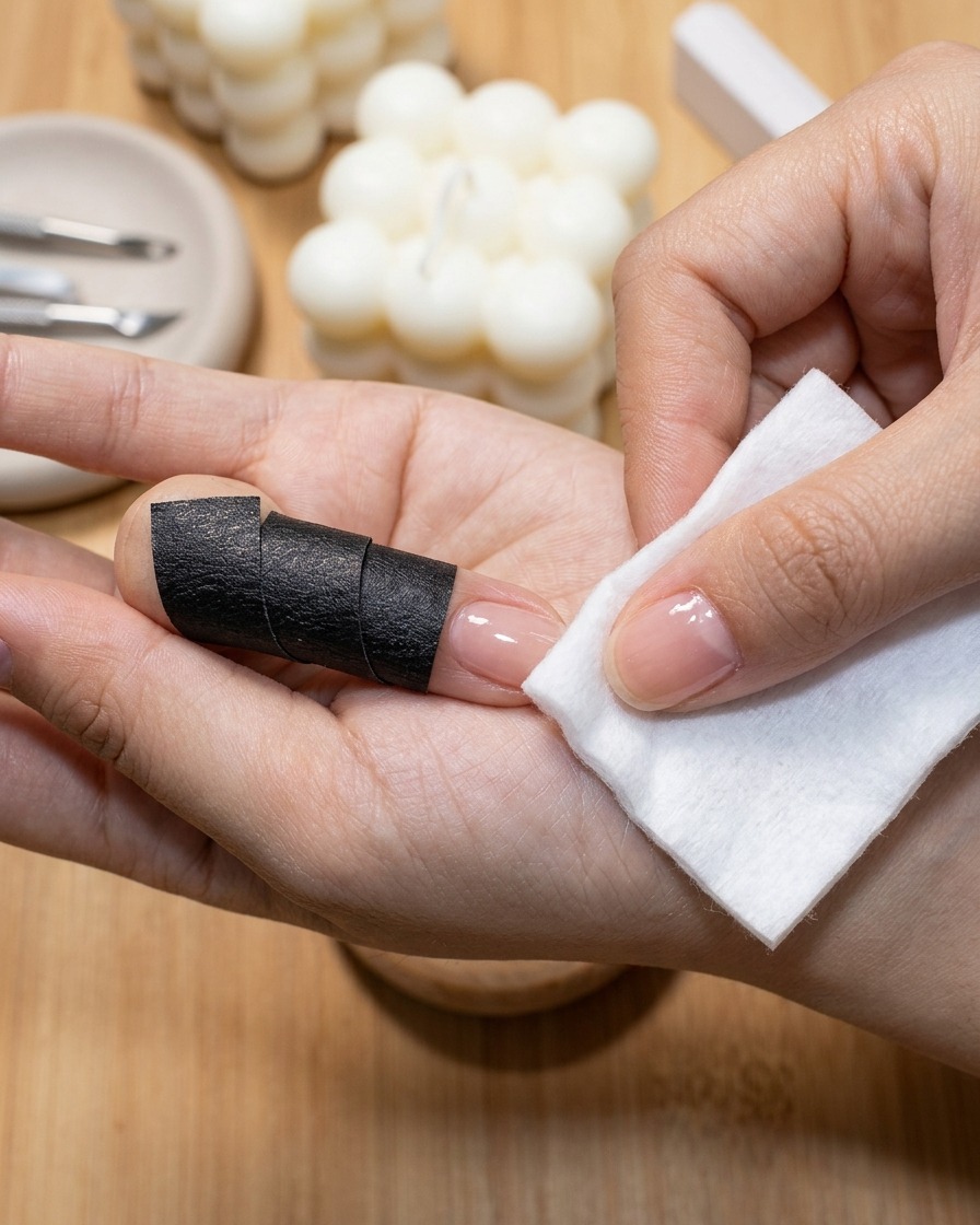 Eine Hand benutzt ein weißes Wattepad, um die Oberfläche eines manicierten Fingers abzuwischen.