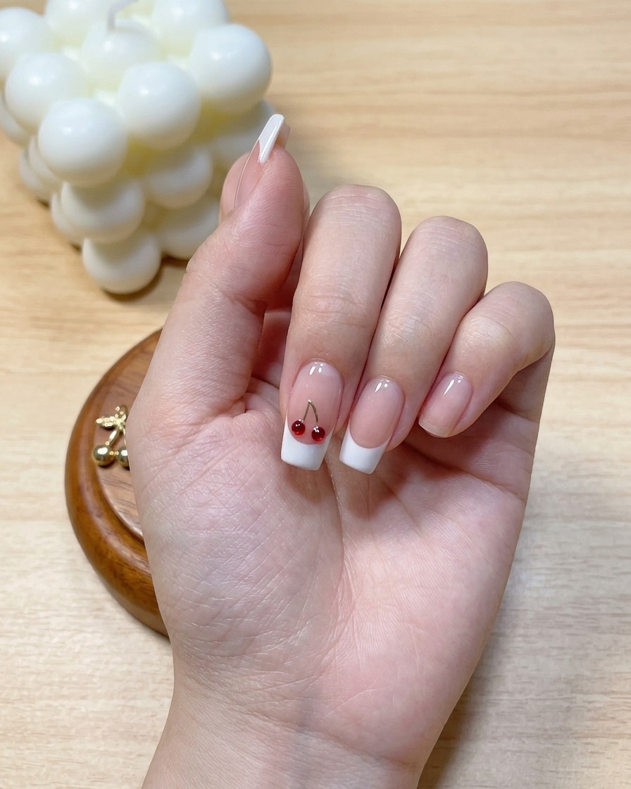 Eine Hand in einer UV/LED-Nagellampe härtet die vollflächig gemalte weiße French-Spitze aus.