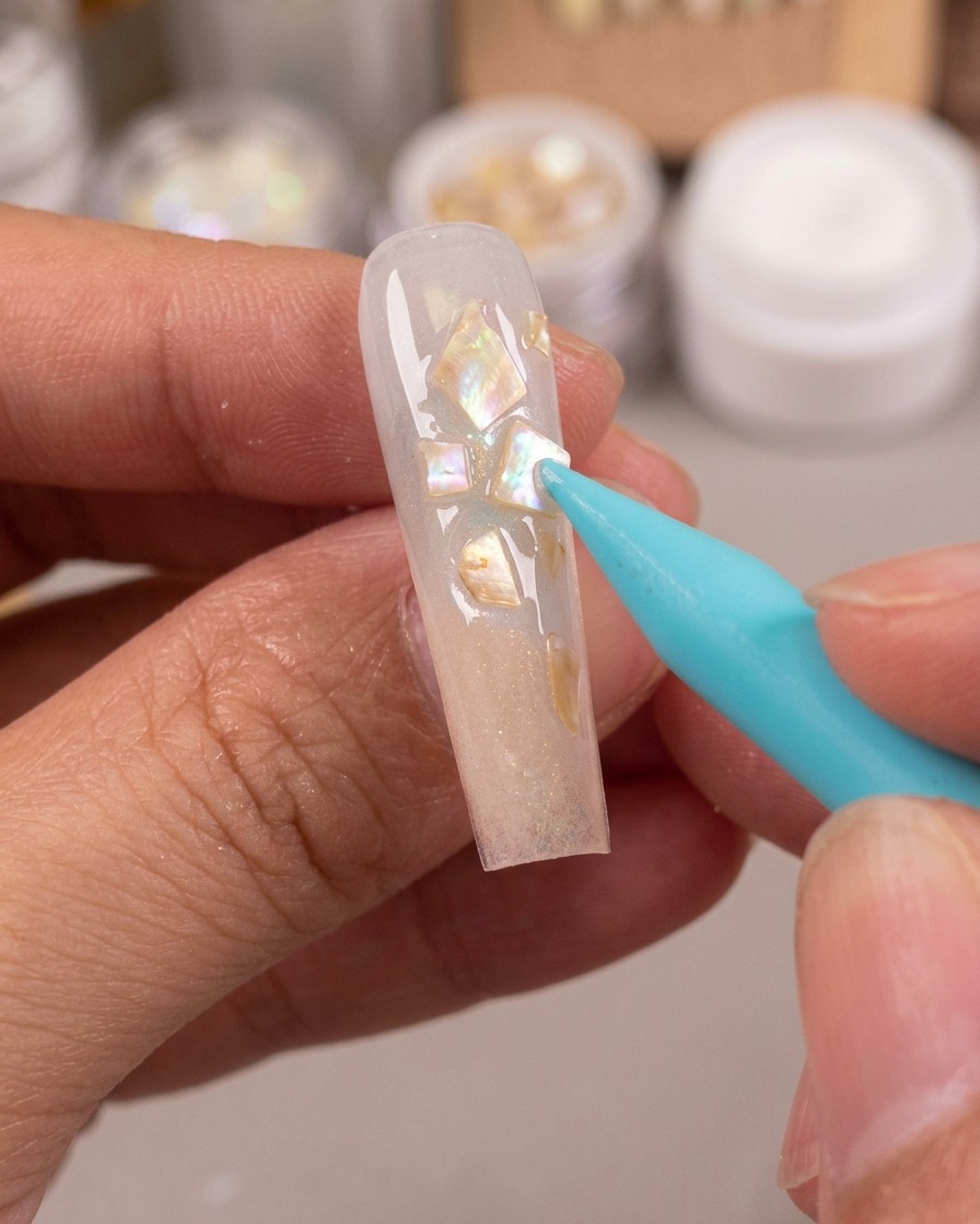 Ein blaues Silikonwerkzeug füllt die Lücken zwischen den Muschelflocken mit einer schimmernden Feenpulver-Paste.