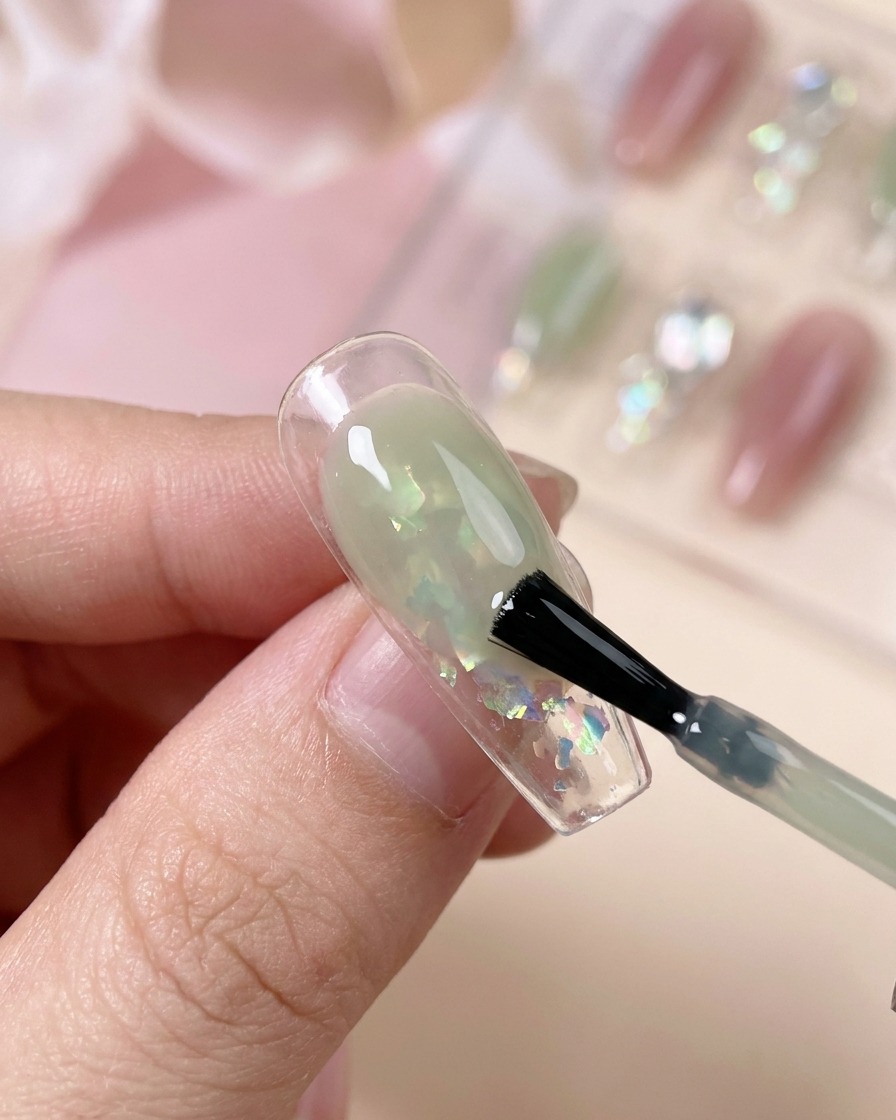 Ein Pinsel trägt ein transluzentes, zartgrünes Gel über die verzierte Nageloberfläche auf.