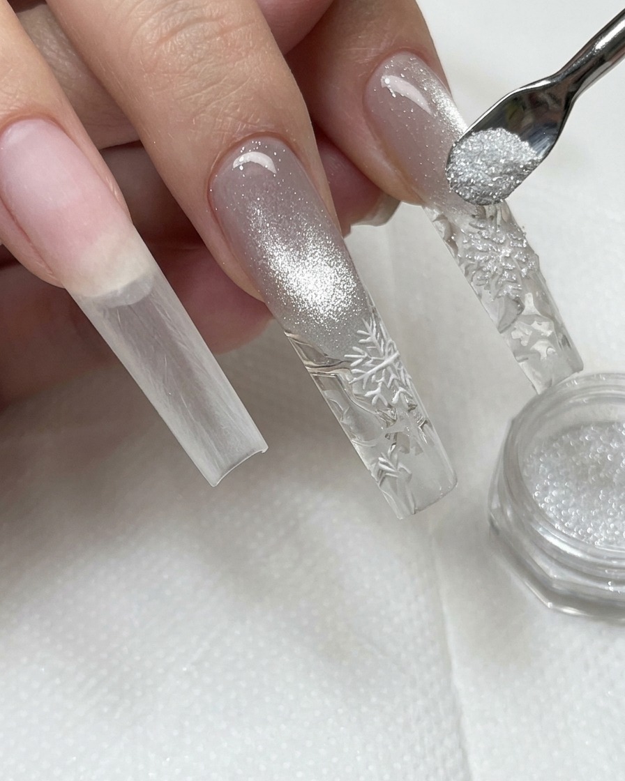 Ein kleines Werkzeug streut schimmerndes Diamantpulver auf nasse Gel-Nailart.