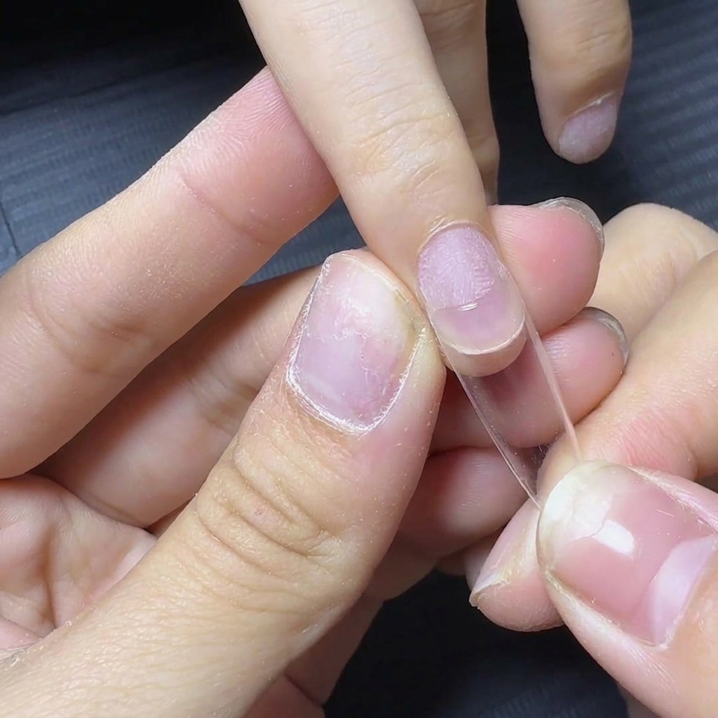 Eine Hand hält einen klaren D-Kurven-Nagelt Tip und richtet ihn mit Haftgel an einem vorbereiteten Naturnagel aus.