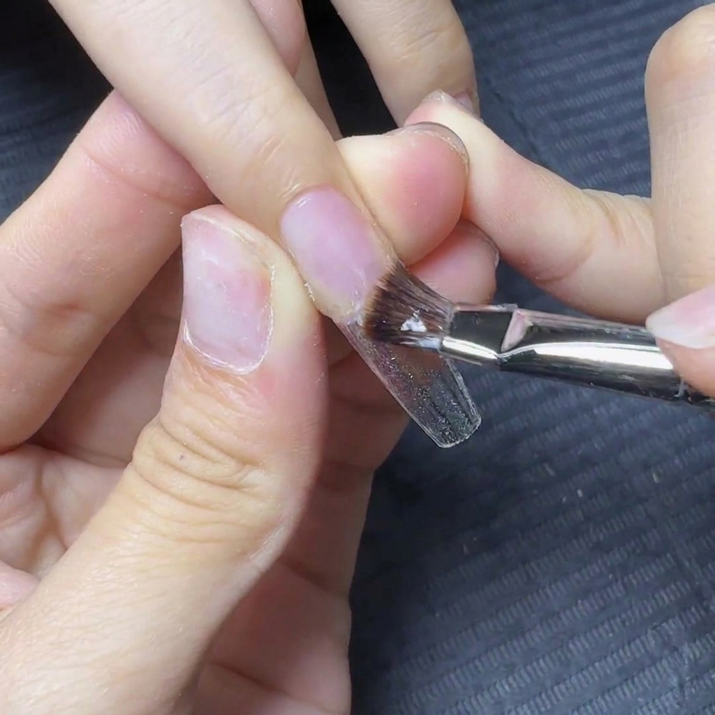 Ein Nagelpinsel trägt eine klare Basisschicht aus Gel über den Naturnagelbereich auf.