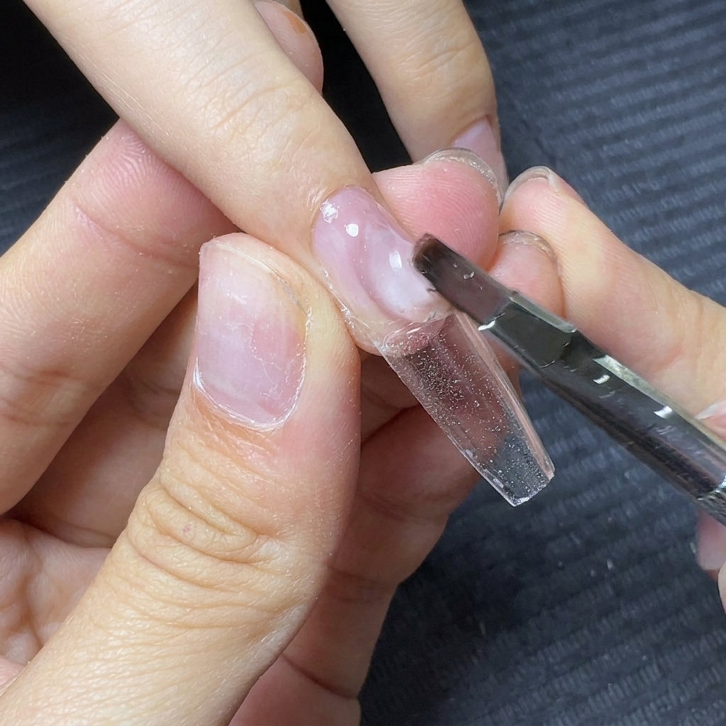 Ein Gelpinsel platziert eine große Perle aus klarem Aufbaugel nahe dem Nagelhautbereich des Nagels.