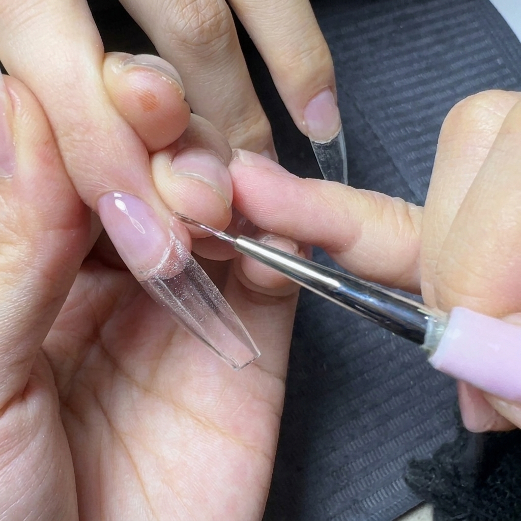 Ein feiner Detailpinsel glättet das Aufbaugel entlang der Kante einer langen, klaren Nagelverlängerung.