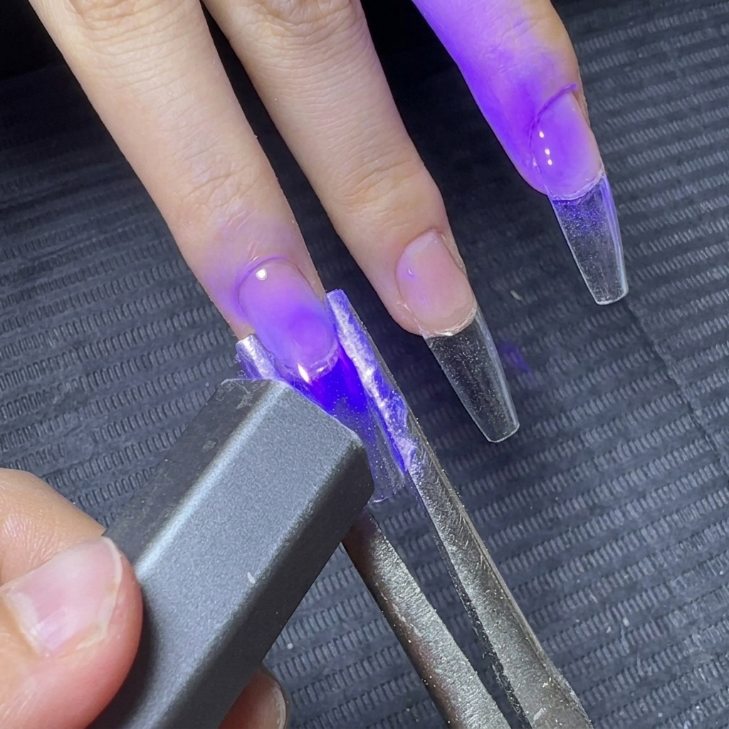 Pinzetten halten die Seiten einer klaren Geltverlängerung, während eine Hand-UV-Lampe das Gel aushärtet.