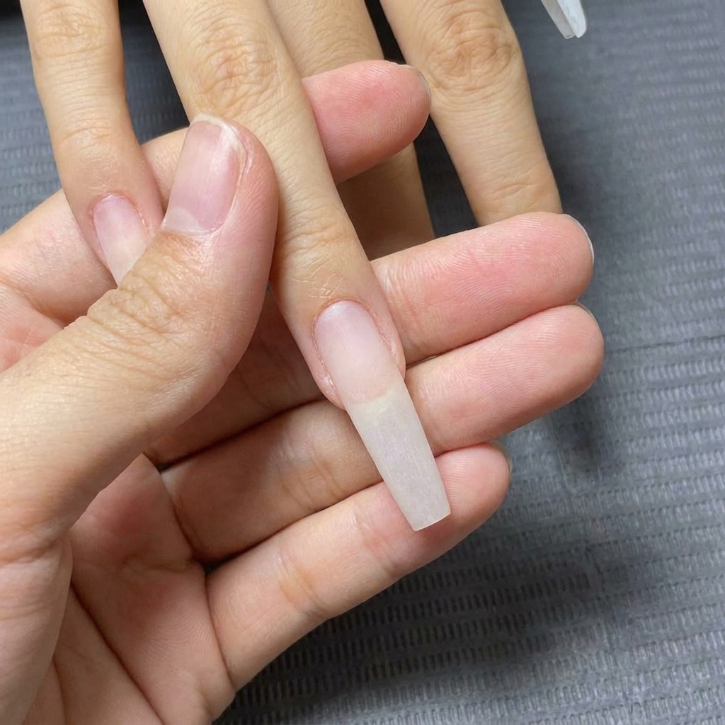Nahaufnahme einer matt gebufften, langen Acryl- oder Gel-Nagelverlängerung mit gleichmäßiger Textur.