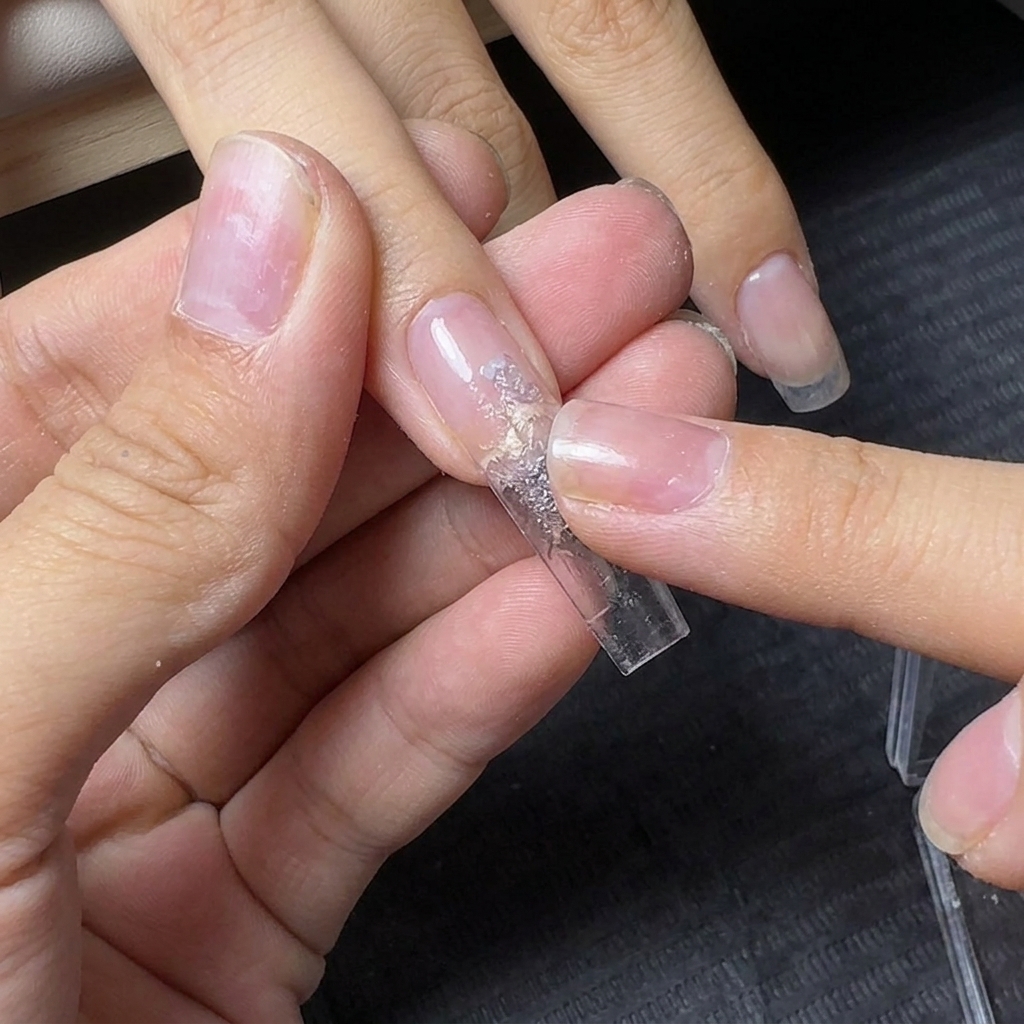 Eine Fingerspitze drückt silbernen, reflektierenden Glitter-Mud auf die Basis einer klaren Nagelverlängerung.