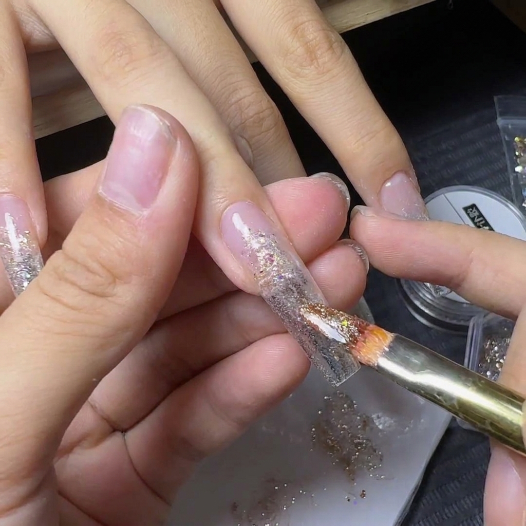 Ein Pinsel trägt glitzernde gelb-goldene Glitterflocken über der Mitte eines verzierten Nagels auf.