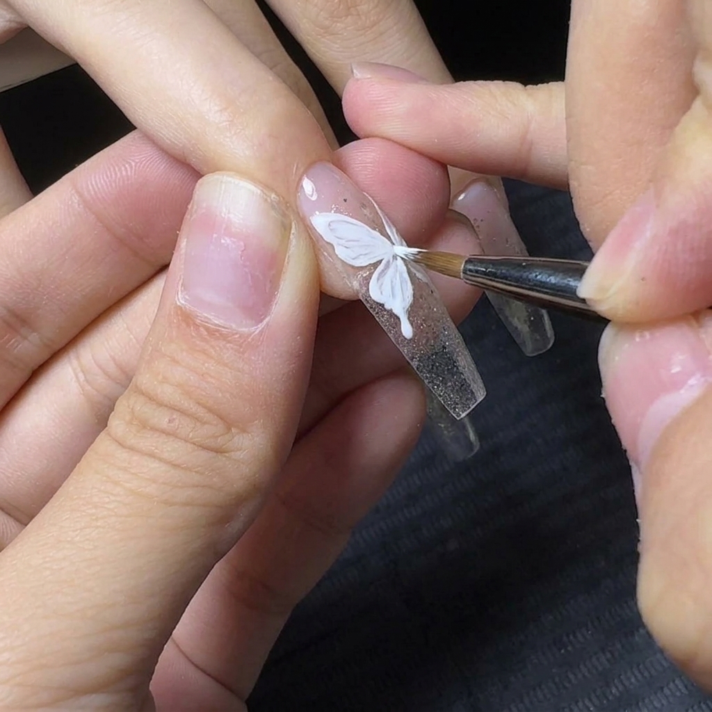 Ein feiner Liner-Pinsel malt eine zarte weiße Umrandung eines Schmetterlingsflügels auf einen Glitternagel.