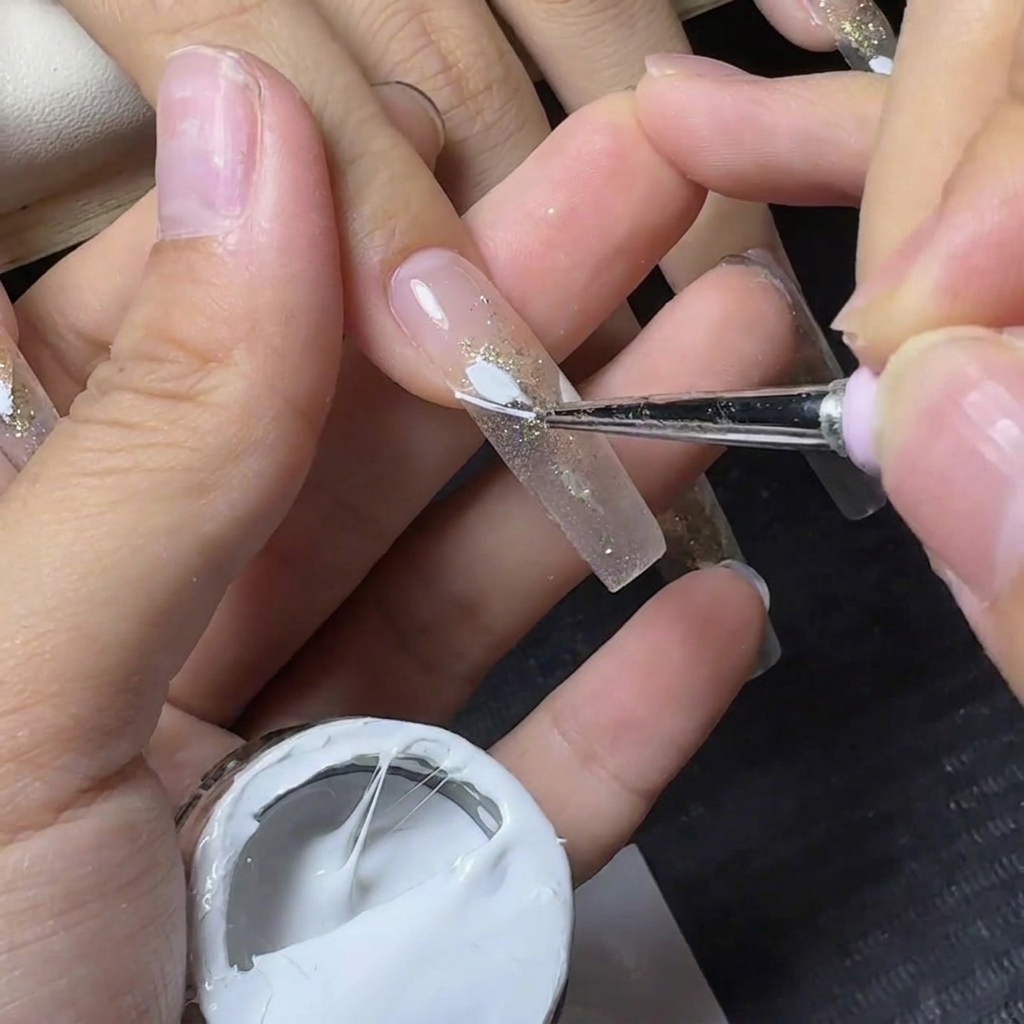 Ein Werkzeug trägt weißes Spider-Gel horizontal über die Smile-Line eines klaren Glitternagel-Extenders auf.