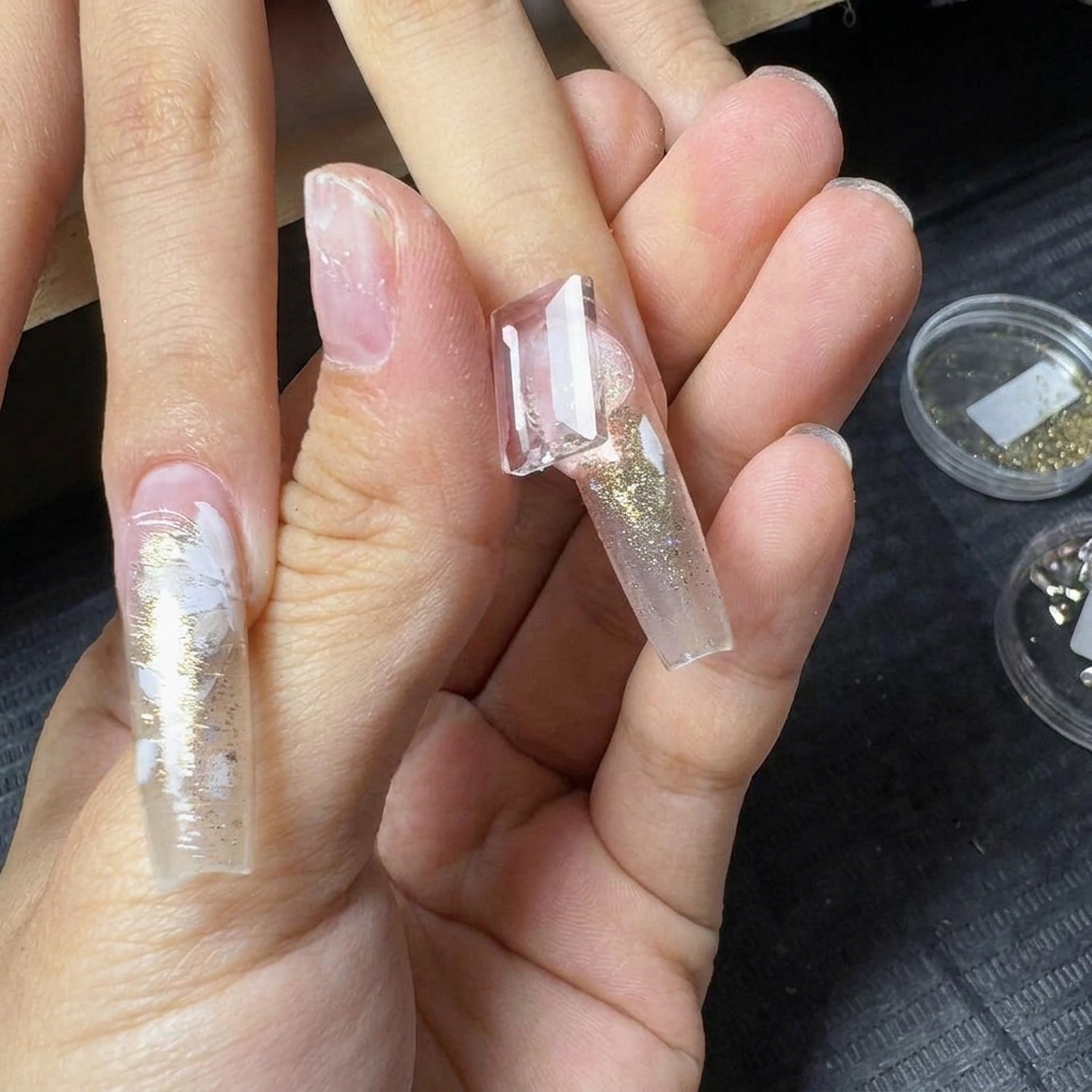 Pinzetten platzieren einen großen, rechteckigen, klaren Schmuckstein nahe dem Nagelhautbereich eines Nagels.