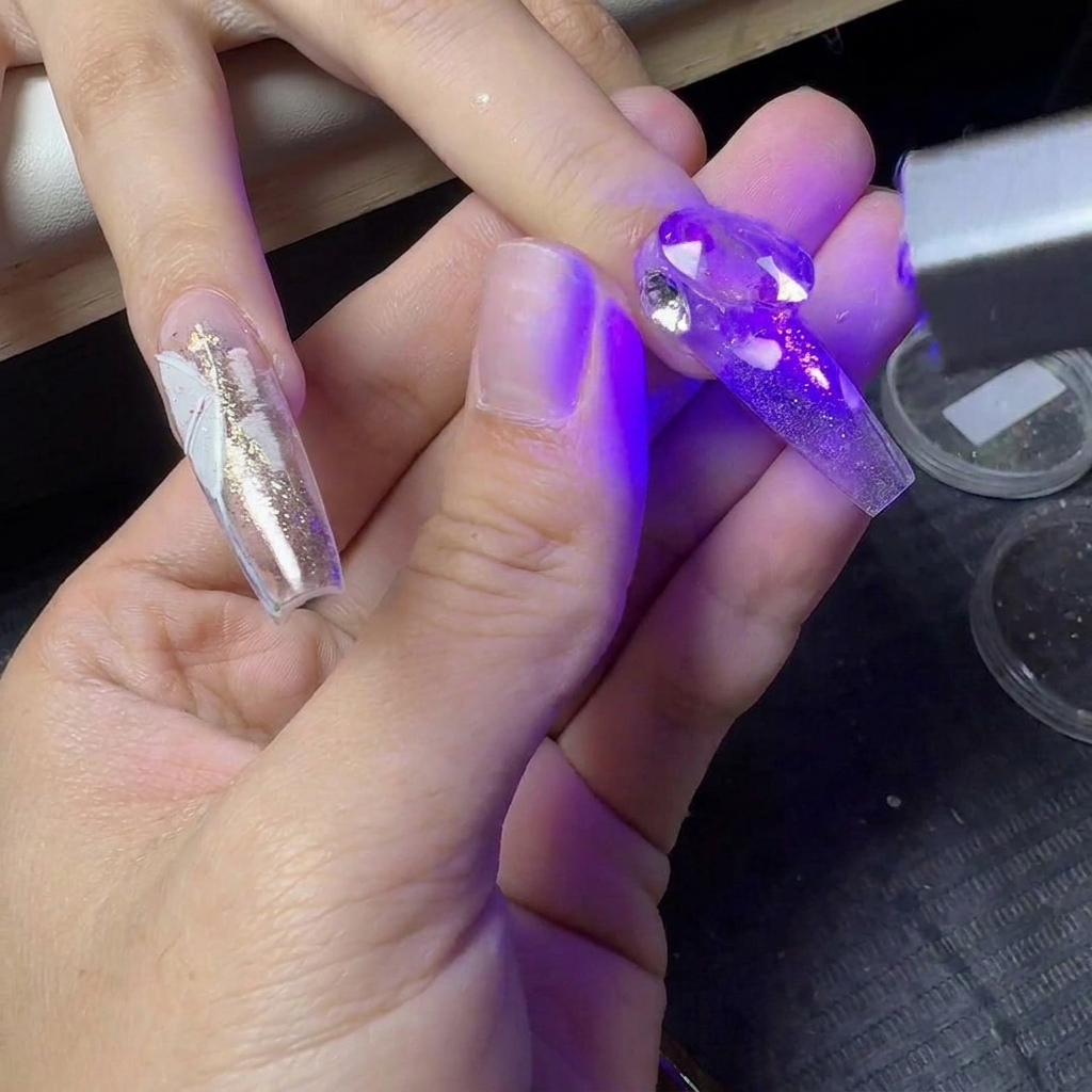 Eine Mini-UV-Taschenlampe härtet Strasssteine auf einer dekorativen Nagelverlängerung aus.