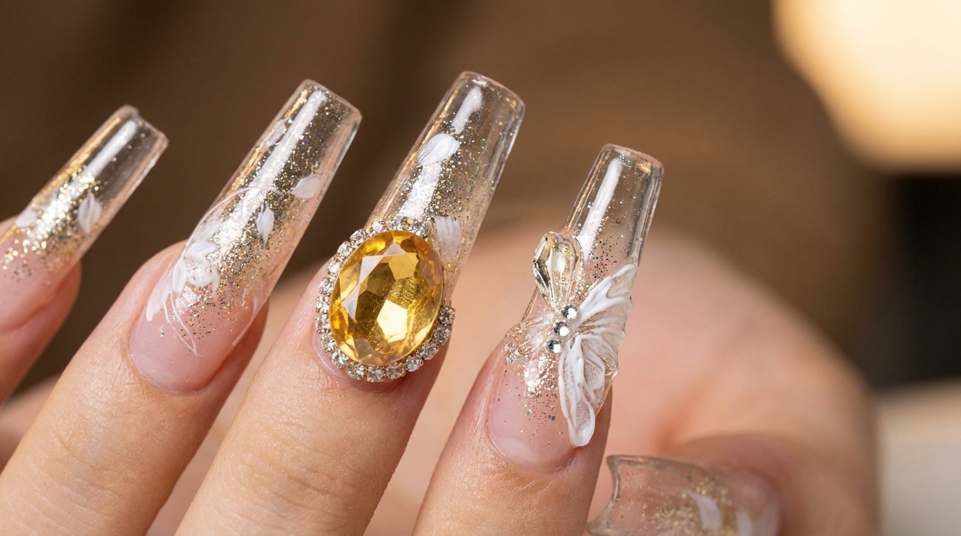 Lange, transparente Coffin-Verlängerungen mit Goldglitter, einem großen gelben Schmuckstein, klaren Diamantsteinen und weißer 3D-Schmetterlingskunst.