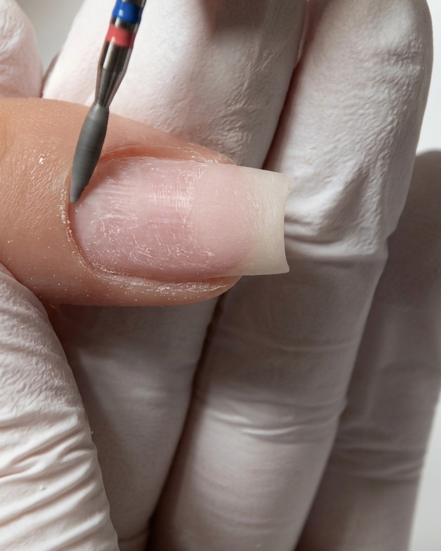 Ein feiner Fräseraufsatz reinigt die seitlichen Nagel falten entlang des Randes eines vorbereiteten Naturnagels.