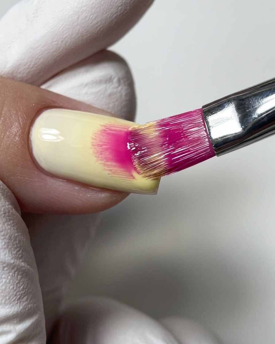 Ein Nagelpinsel mit rosa gefärbten Borsten trägt pastellgelben Gelack über einer klaren Gelbasis auf.