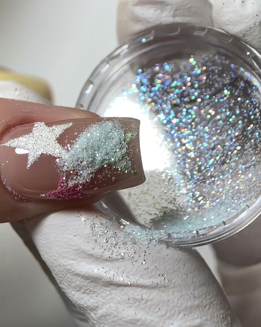 Ein Nagel wird über einem Glas Schimmerpulver gehalten, während silbergrüner Glitzer auf den feuchten Stern gestreut wird.
