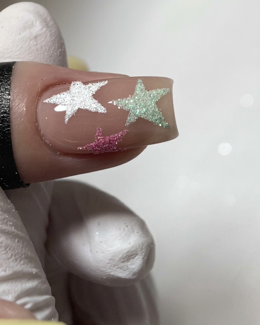 Ein Pinsel trägt klaren Top Coat über einen pastellgelben Gelnagel auf.