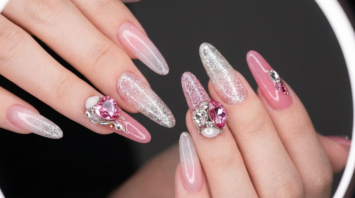 Rosa Strass und Silberglitter Lange Mandelnägel — Schritt-für-Schritt-Anleitung