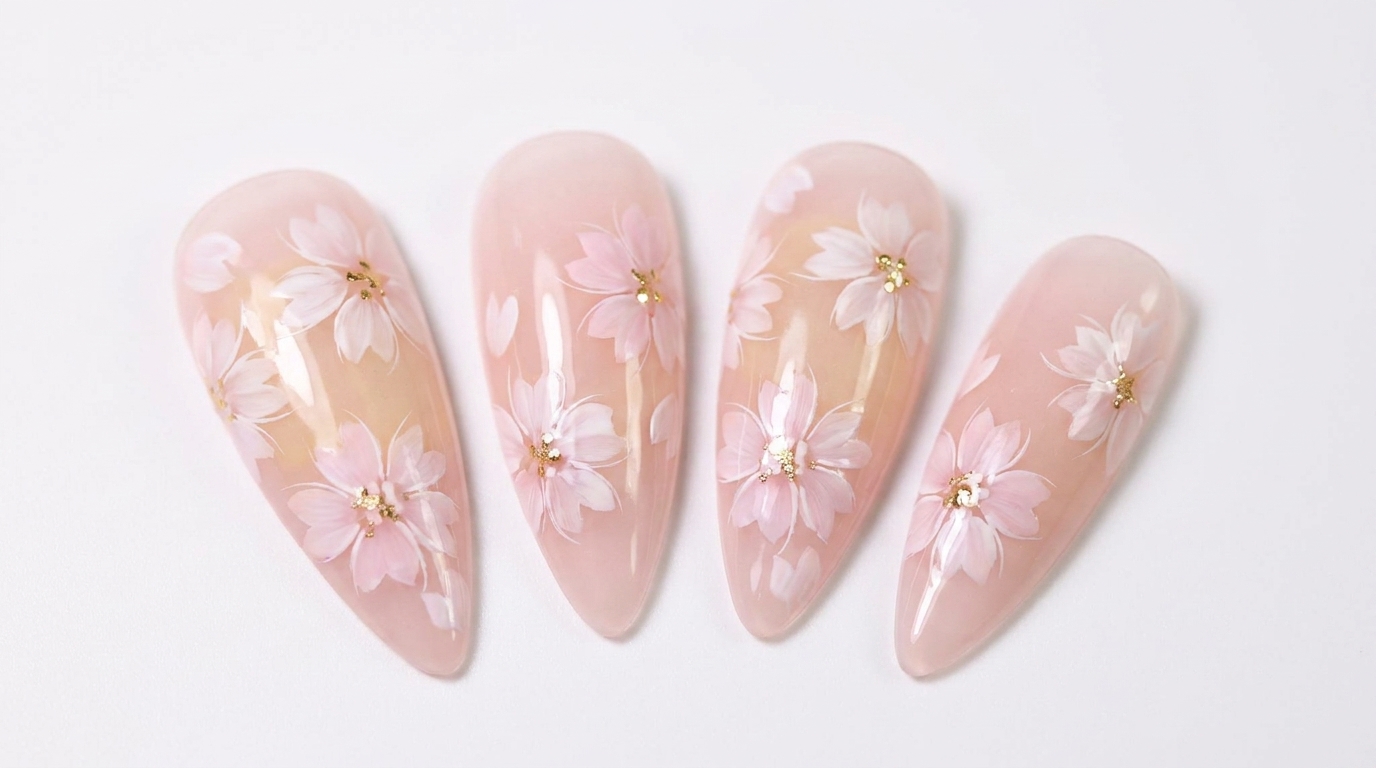 Vier stiftförmige Stiletto-Gelnägel mit einer milchig-rosa Basis, verziert mit handgemalten Kirschblüten und goldenen Akzenten in der Mitte.