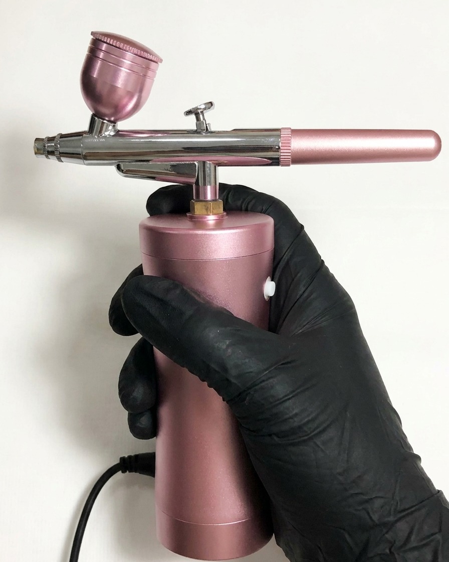 Eine behandschuhte Hand hält eine rosa Airbrush-Pistole aus Metall, der Finger liegt auf dem Abzug.