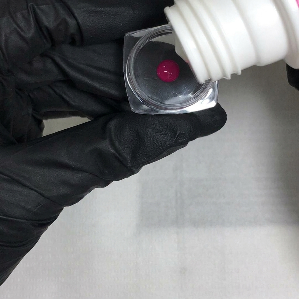 Eine behandschuhte Hand drückt durchsichtige, flüssige Verdünnung aus einer weißen Flasche in ein Mischgefäß mit rosa Gel-Lack.