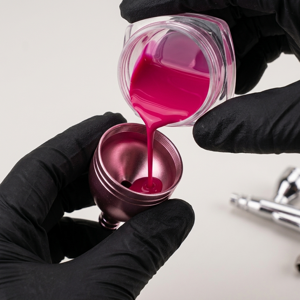 Eine behandschuhte Hand gießt eine gemischte rosa Flüssigkeit aus einem durchsichtigen Behälter in den Farbbecher einer rosa Airbrush-Pistole.