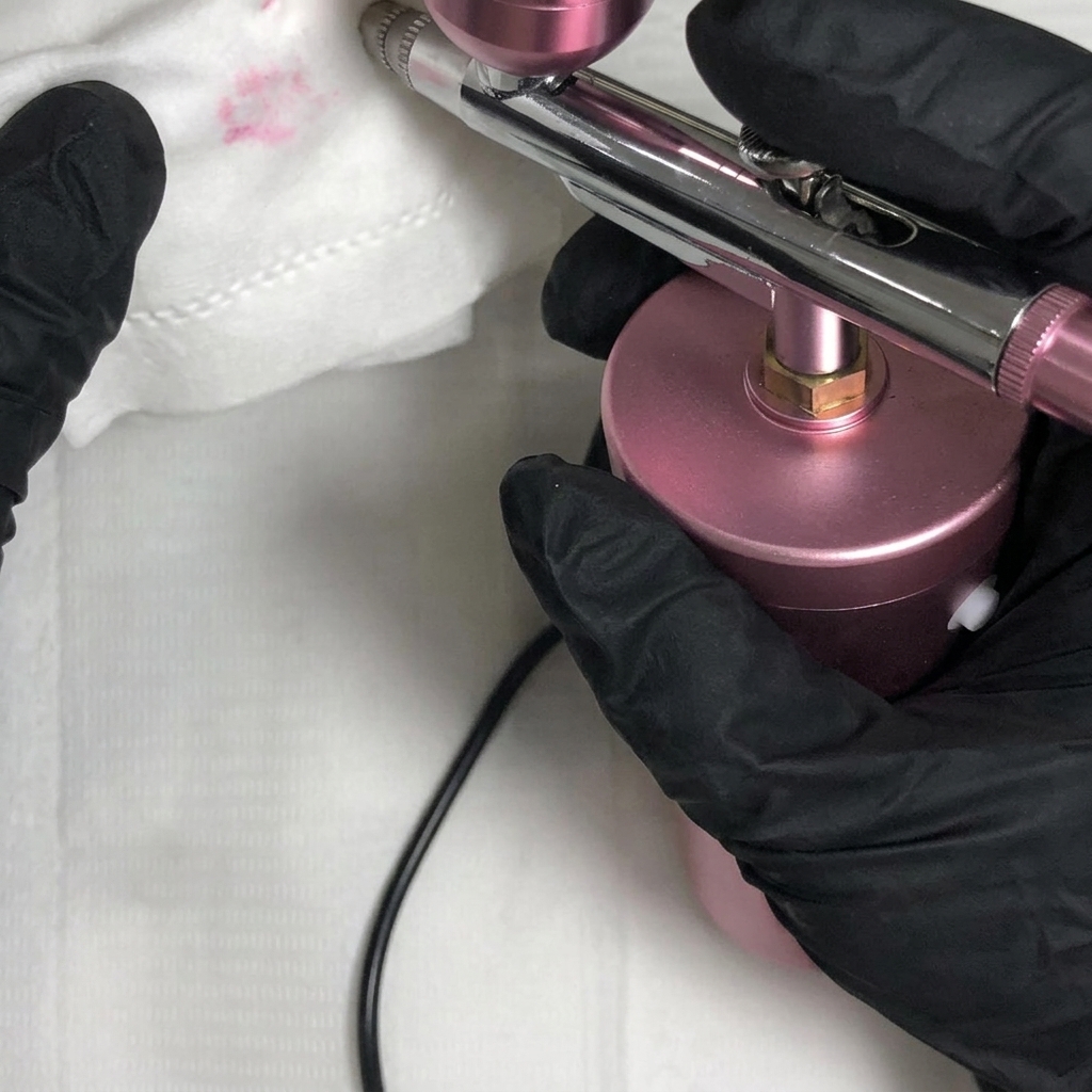 Eine Hand in einem schwarzen Handschuh hält ein weißes Papiertuch gegen die vordere Düse einer rosa Airbrush, um Luft in den Farbbecher zu drücken.