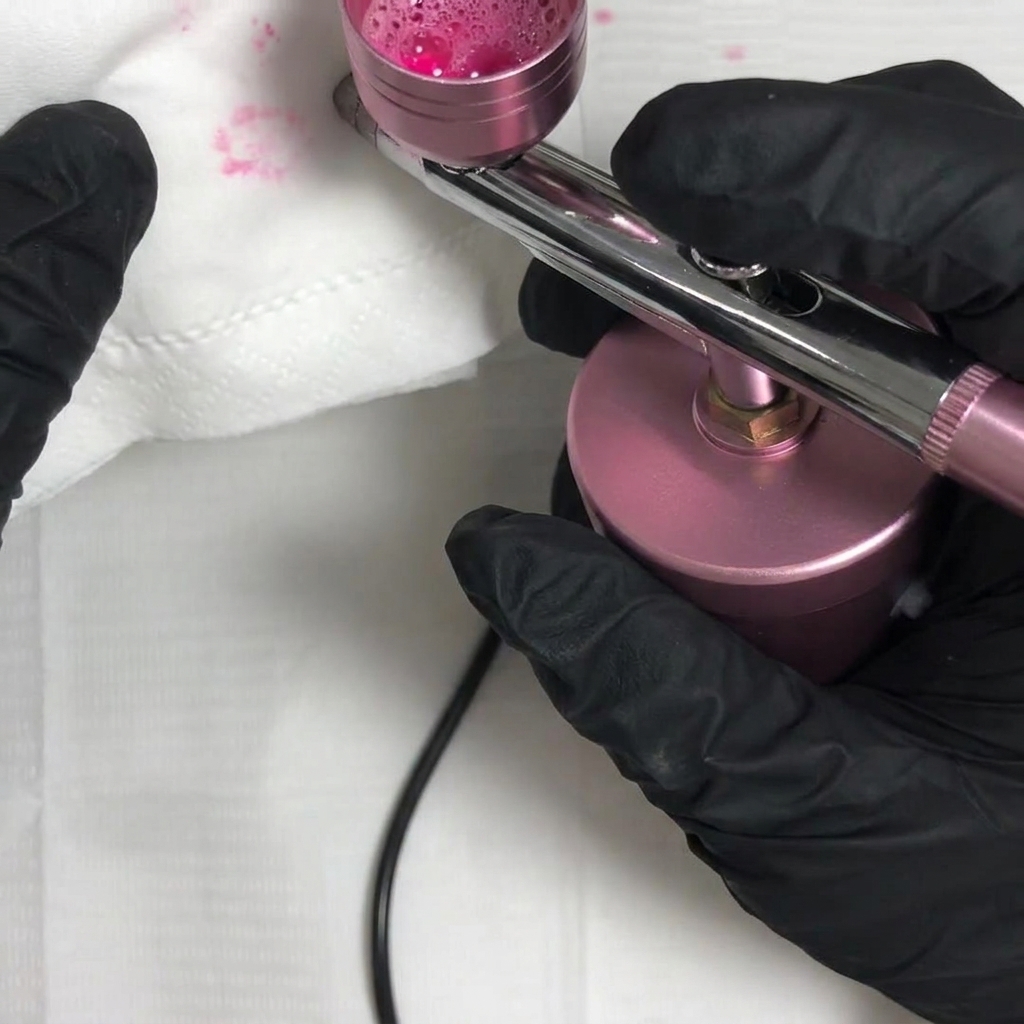 Nahaufnahme eines rosa Airbrush-Farbbechers, der mit blubbernder rosa Flüssigkeit gefüllt ist, während er mit schwarz behandschuhten Händen bedient wird.