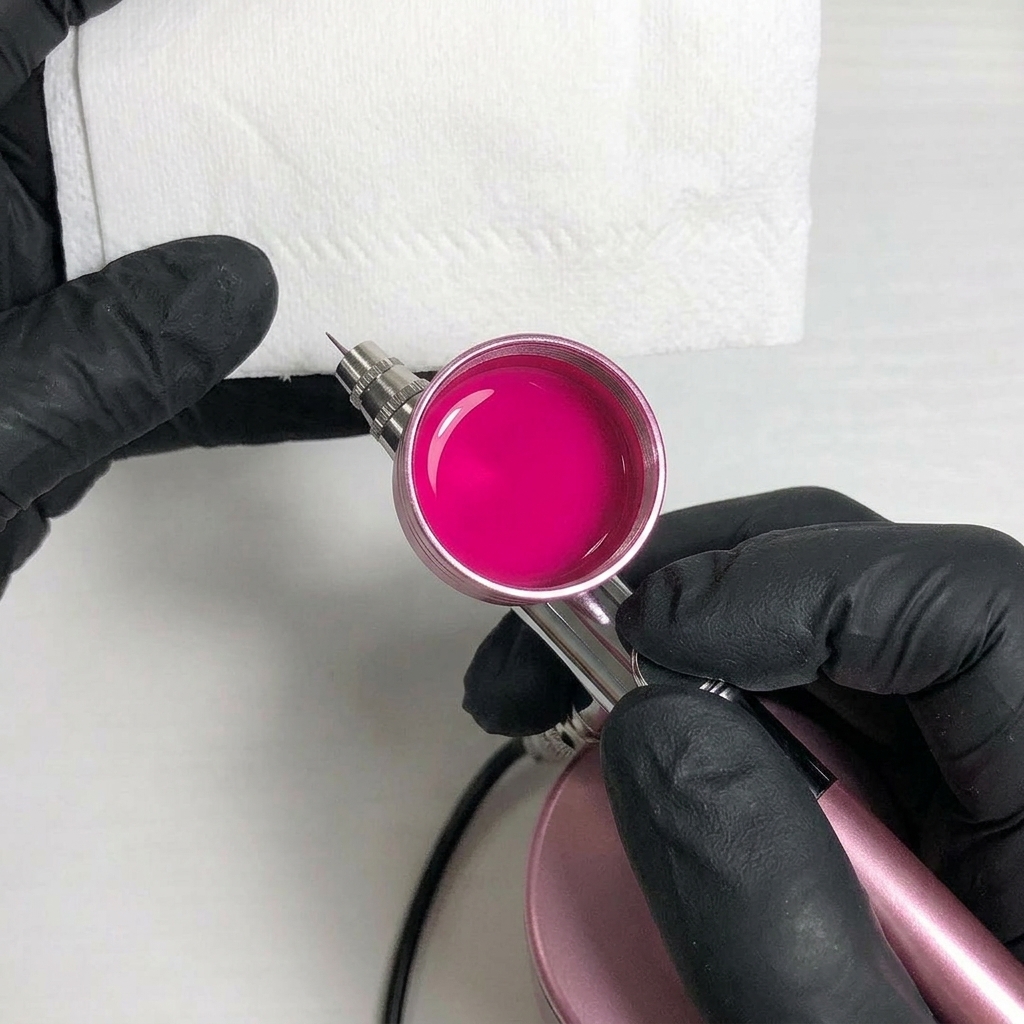 Die Nadelspitze einer rosa Airbrush zeigt auf ein weißes Papiertuch mit einem rosa Test-Sprühfleck.