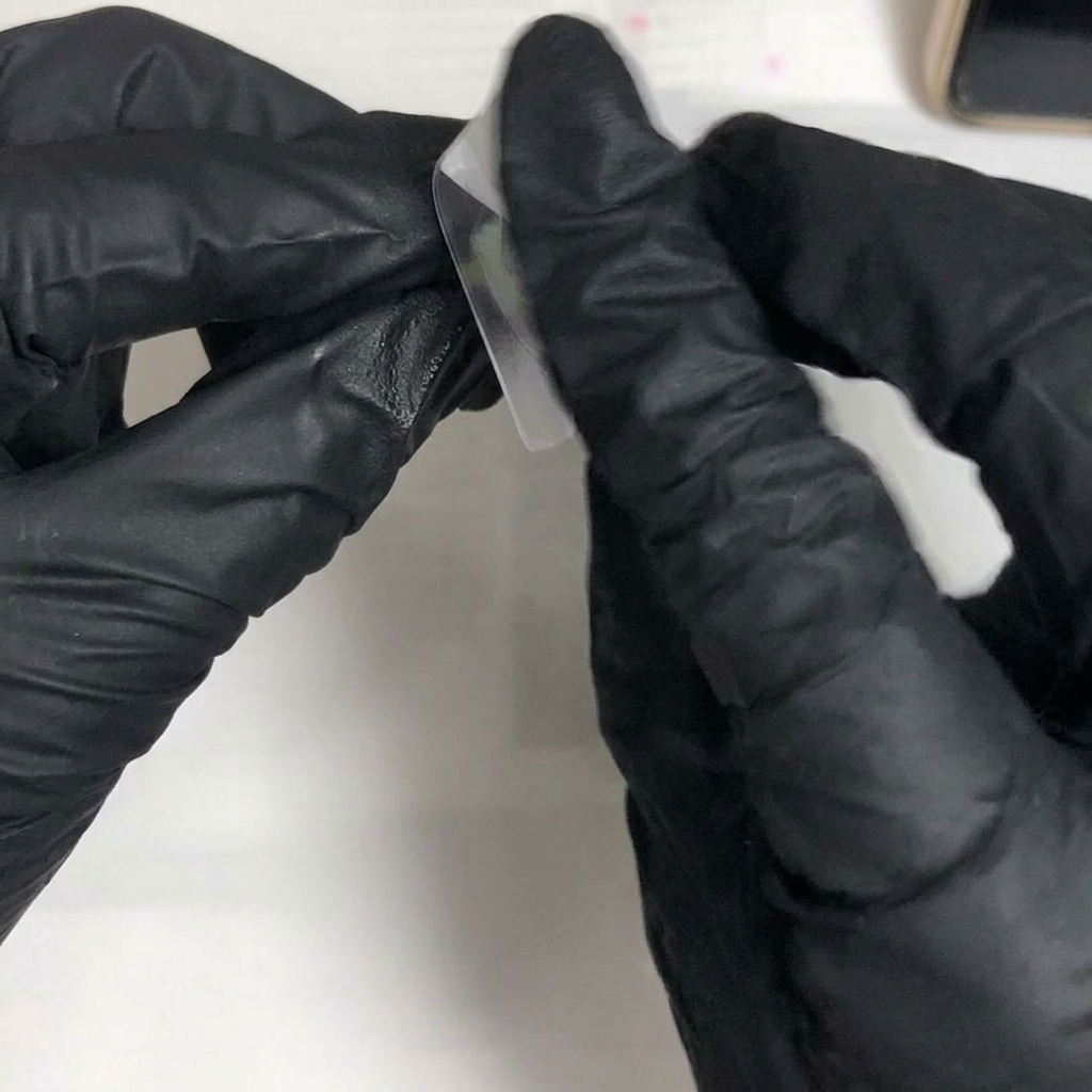 Behandschuhte Hände halten einen klaren, mattierten Coffin-Nageltip.