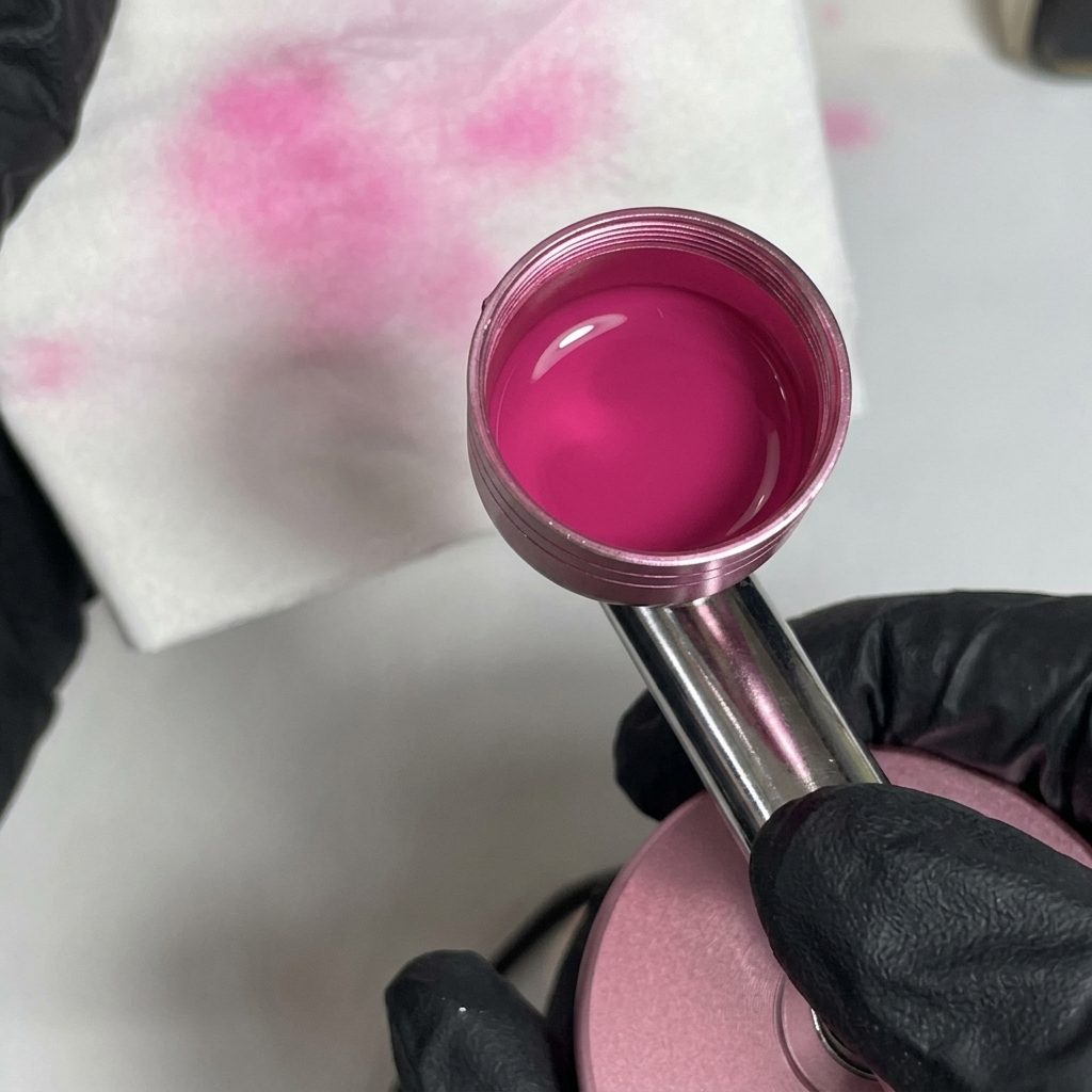 Nahaufnahme des rosa Airbrush-Bechers, gefüllt mit rosa Flüssigkeit, neben einem Taschentuch mit rosa Sprühspuren.