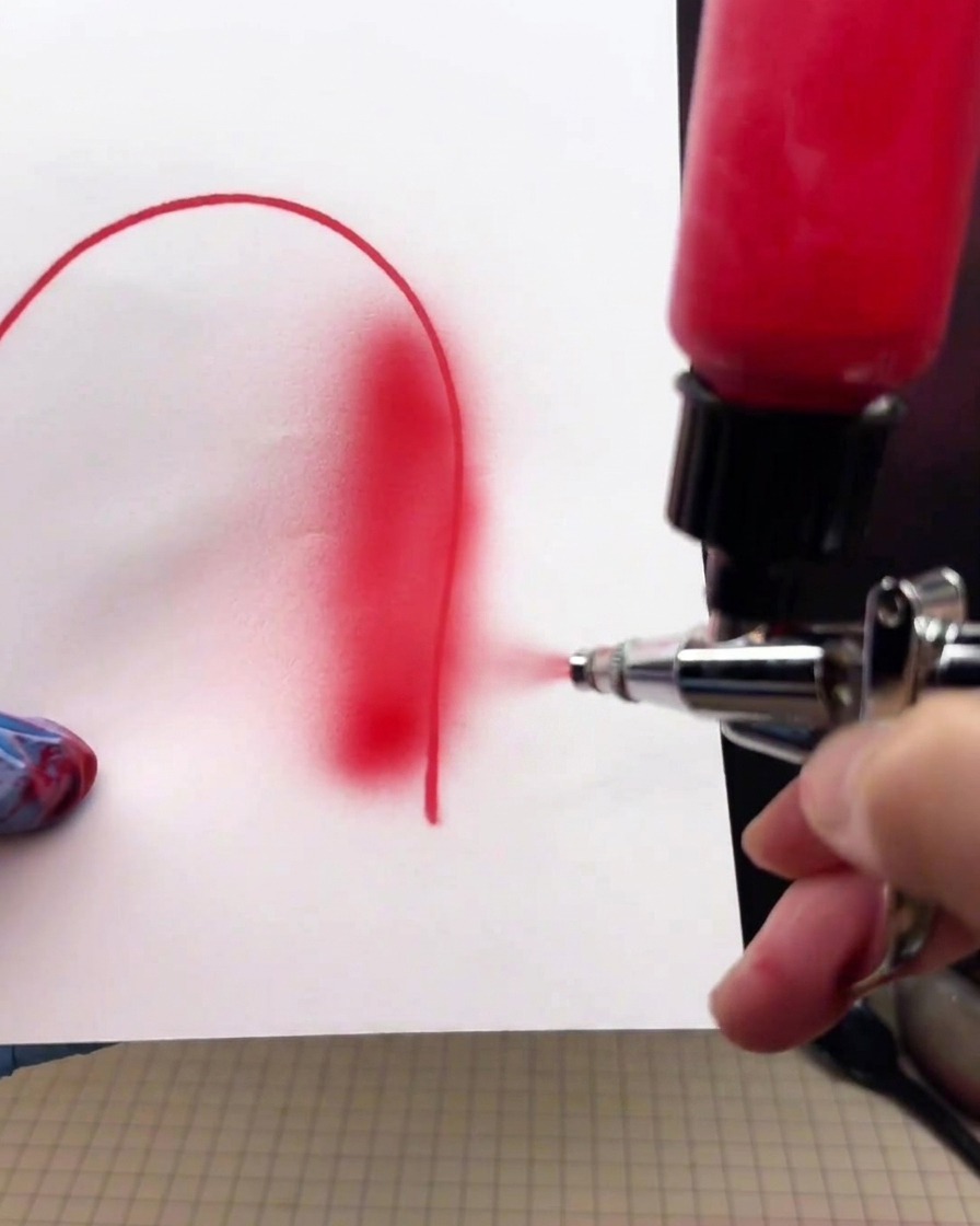 Eine Airbrushpistole, die mit etwas Abstand zu einem weißen Papier gehalten wird und ein weiches, breites und helles rotes Sprühmuster erzeugt.