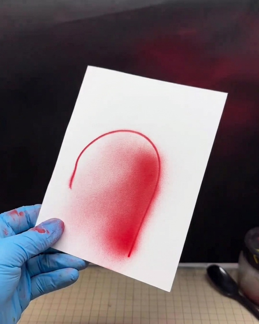 Eine weiße Übungskarte mit einem roten Farbverlaufstest neben einem weißen Plastiklöffel und einer Airbrushpistole.