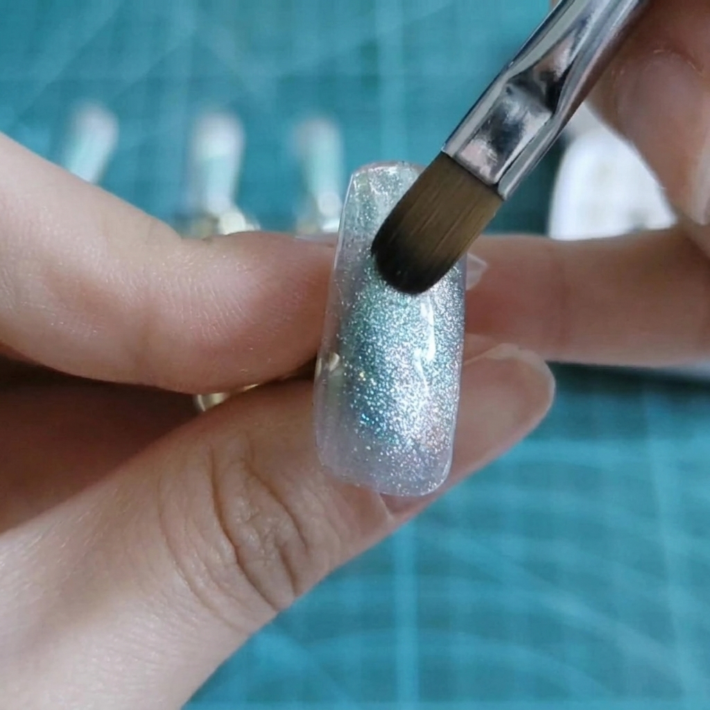 Ein Pinsel schichtet zusätzliches blaues und lila Pigment auf eine Nagelspitze.