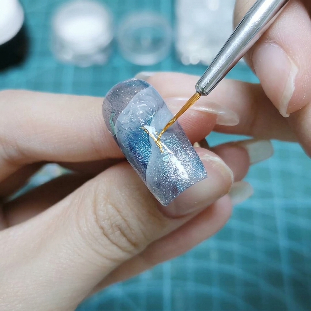 Eine Hand verwendet einen dünnen Detailpinsel, um klares Gel auf die Mitte eines blau-weiß bemalten Nagels aufzutragen.
