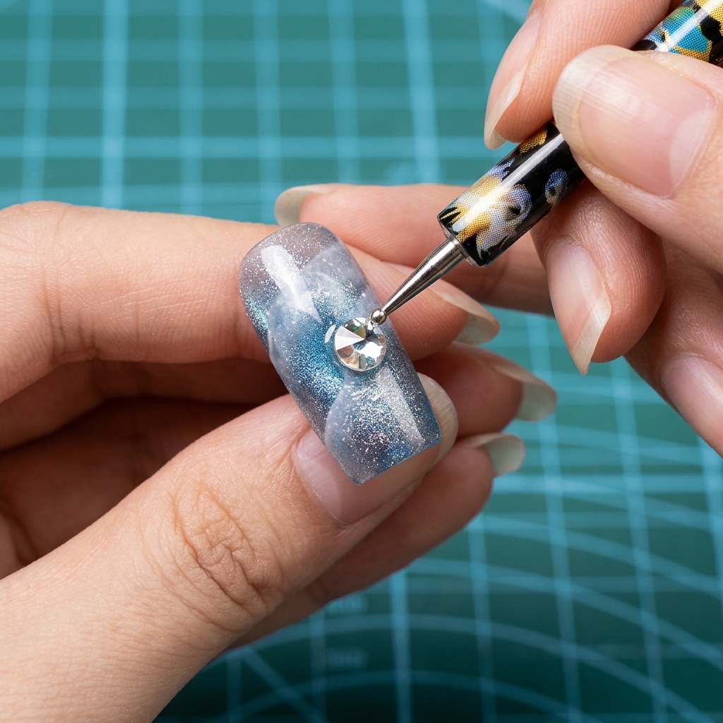 Ein Wachsaufnahme-Werkzeug platziert einen runden, facettierten klaren Kristall-Charm auf die Mitte eines dekorierten Nagels.