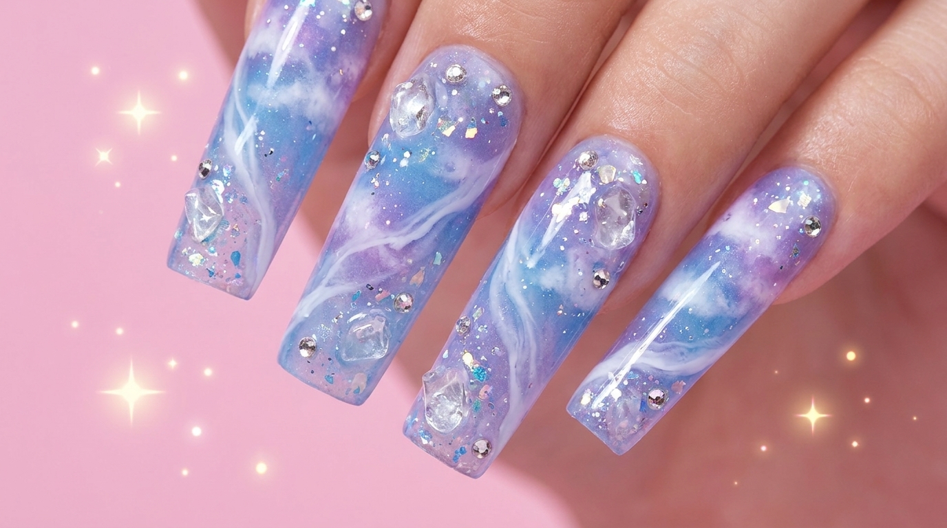 Verträumtes Blau-Lila Wolken-Smudge-Nail-Art mit 3D-Kristallen