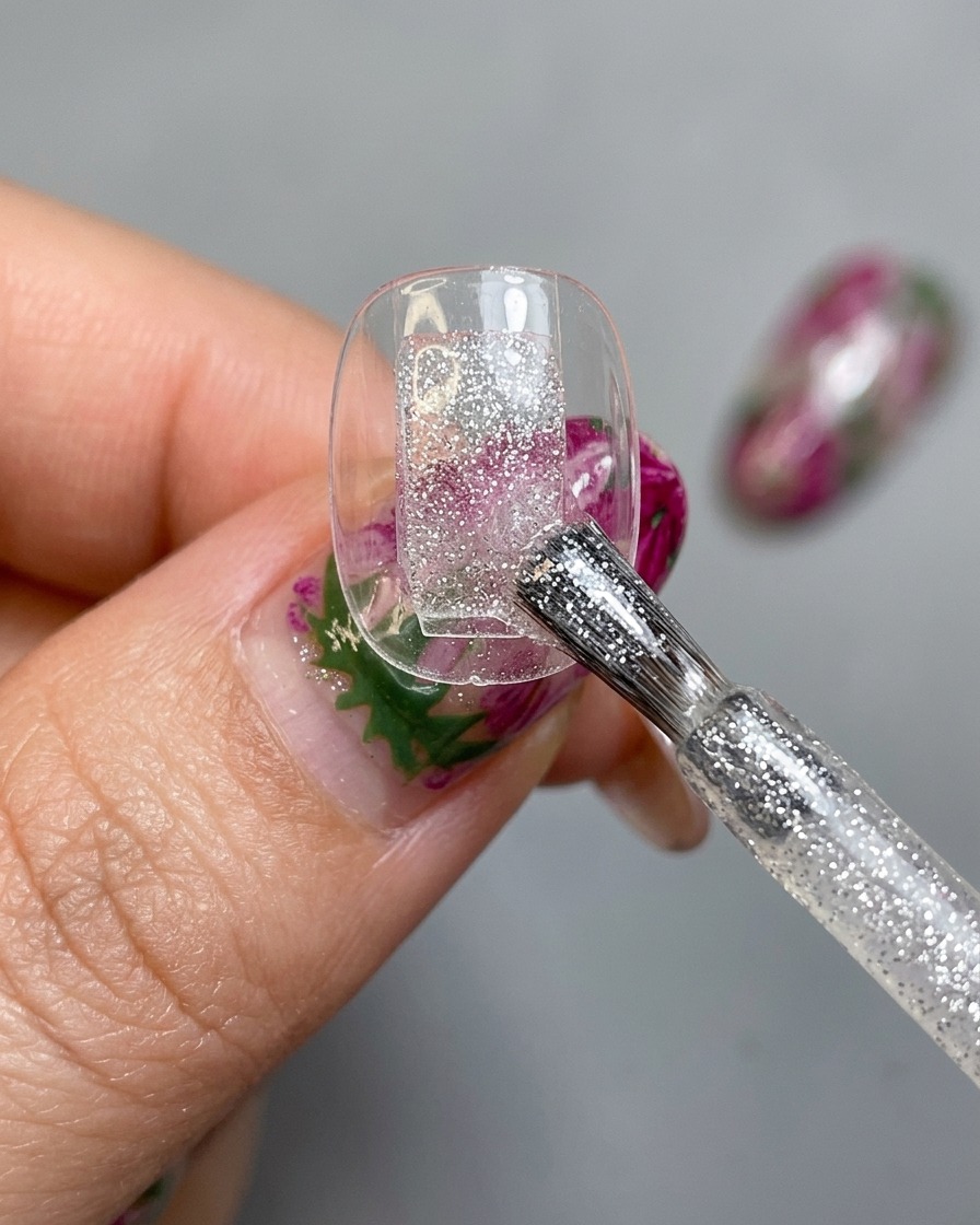 Ein Nagelpinsel trägt eine glitzernde silberne Cat-Eye-Gel-Basis auf eine transparente Nagelspitze auf, die auf einem Display-Ständer befestigt ist.