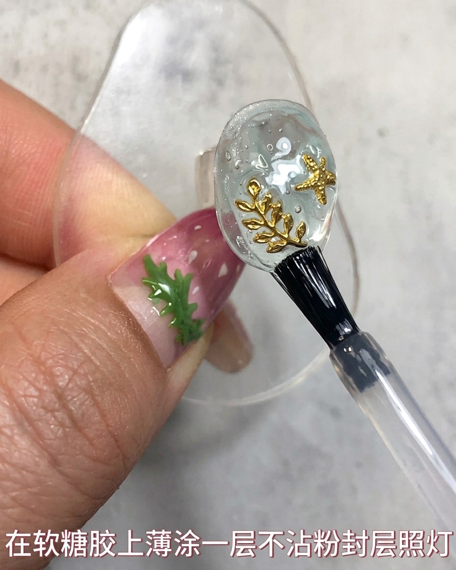 Ein Nagelpinsel ruht in der Nähe einer fertigen Topcoat-Schicht auf einem Nageldesign im Atlantis-Stil.