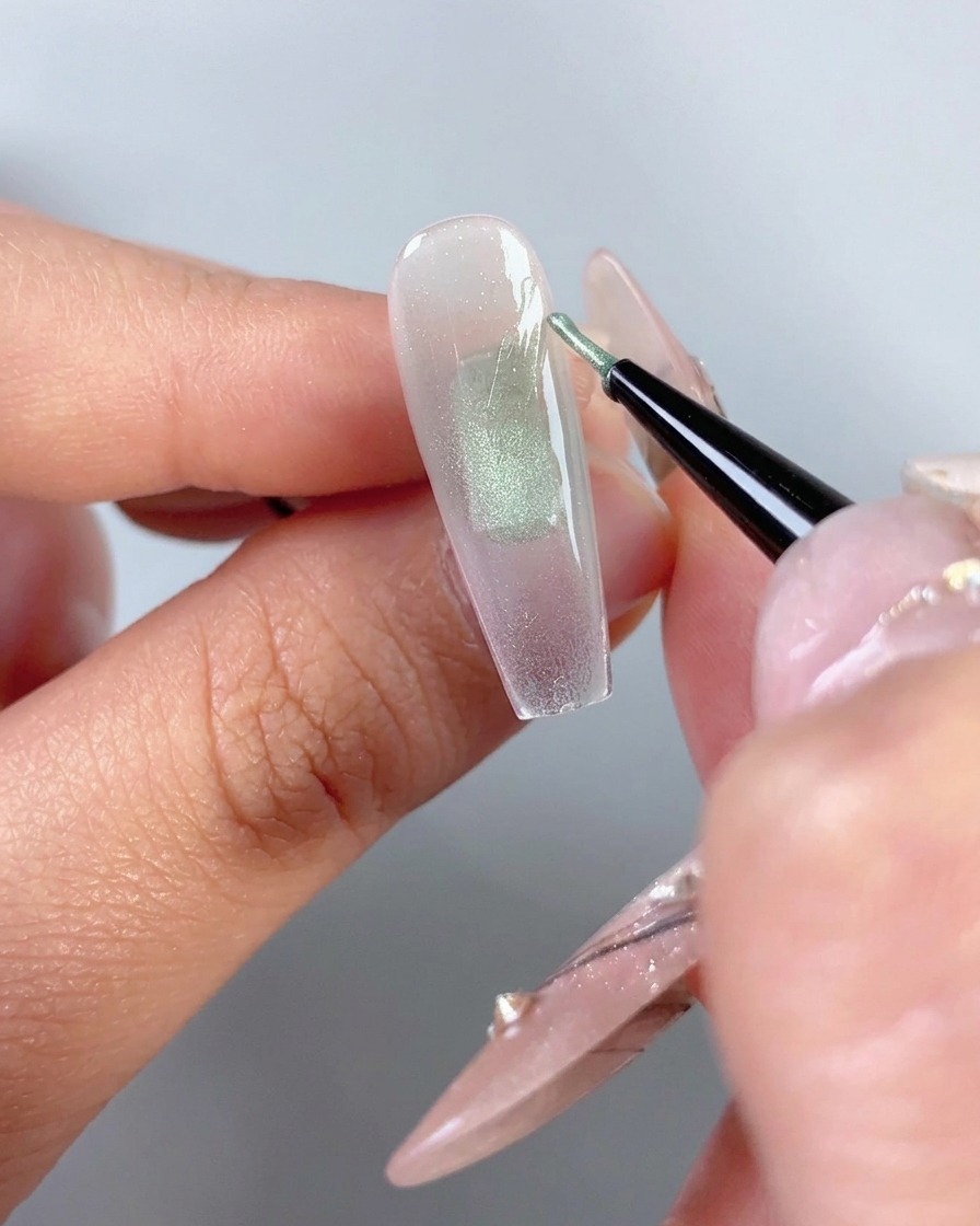 Ein feiner Liner-Pinsel trägt grünes Cat-Eye-Gel-Polish in Form eines Halbschmetterlingsflügels auf der rechten Seite einer klaren Nagelspitze auf.