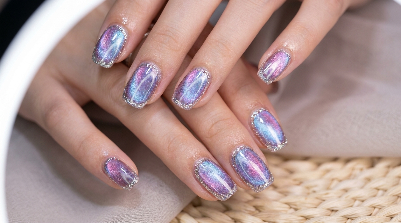 Nahaufnahme von glänzenden aurora illusion blau-lila cat eye nägeln mit einem leuchtenden zentralen schimmer und flash-glitter-umrandeten rändern.