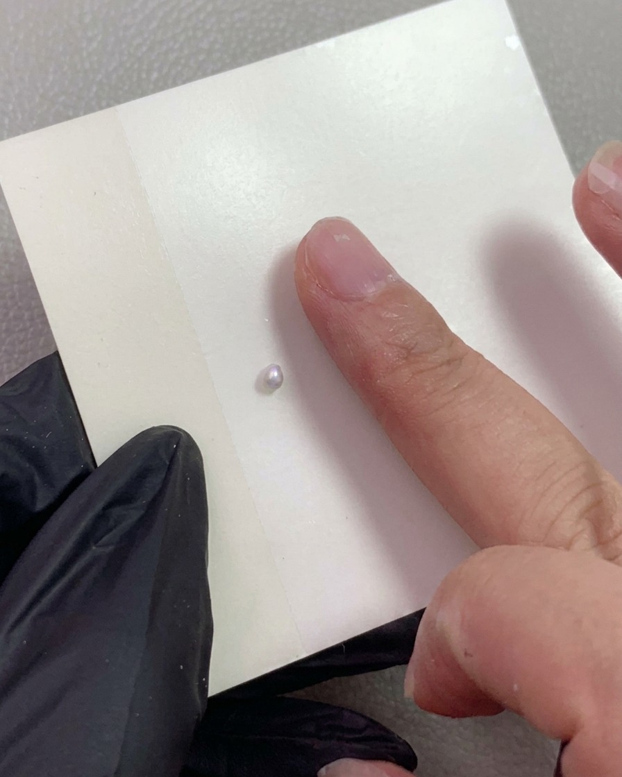 Eine behandschuhte Hand zeigt auf eine kleine Perlen-Gel-Kugel auf einem Mischpapier.