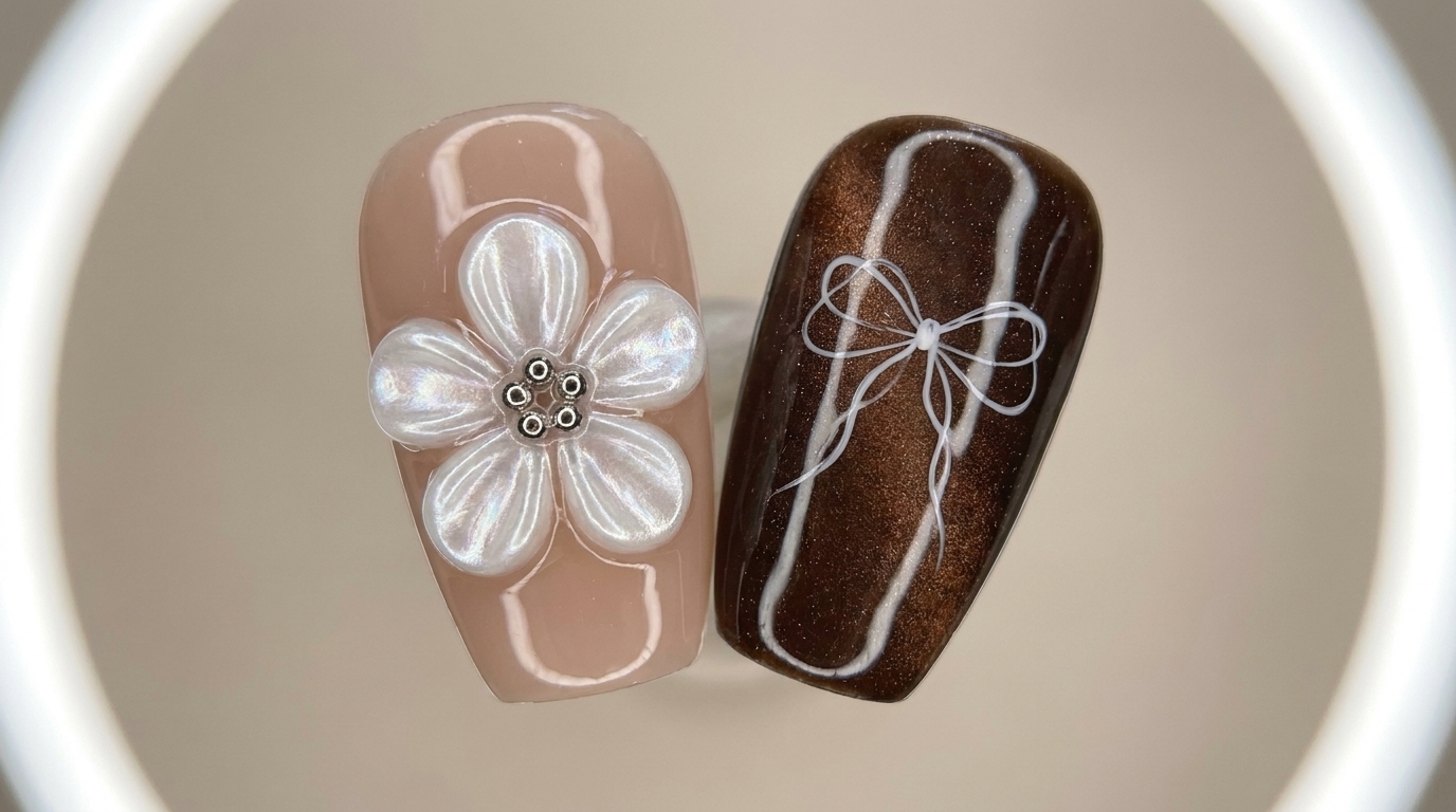 Eine Nahaufnahme fertiger ästhetischer Press-On-Nägel mit einer 3D-Perlenblume auf nudefarbenem Grund und einer feinen weißen Schleife auf dunklem Magnet-Cat-Eye.
