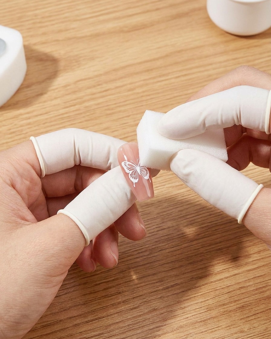 Eine behandschuhte Hand verwendet einen weißen Schwamm, um weißes Gel auf eine Schmetterlingsschablone auf einem Nagel zu tupfen.