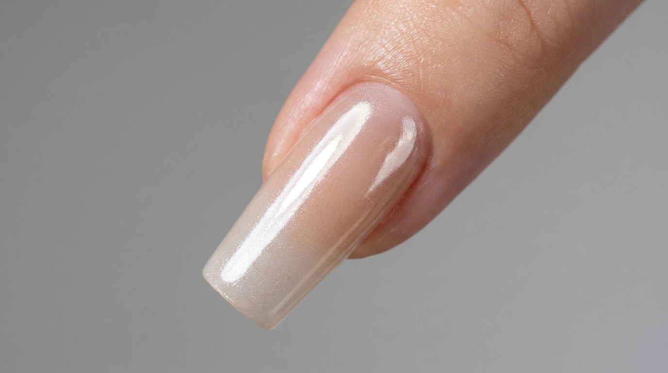 Eine Nahaufnahme zeigt die fertige Glazed-Donut-Perlenpuder-Maniküre auf langen quadratischen Nägeln mit glänzendem Perlfinish.